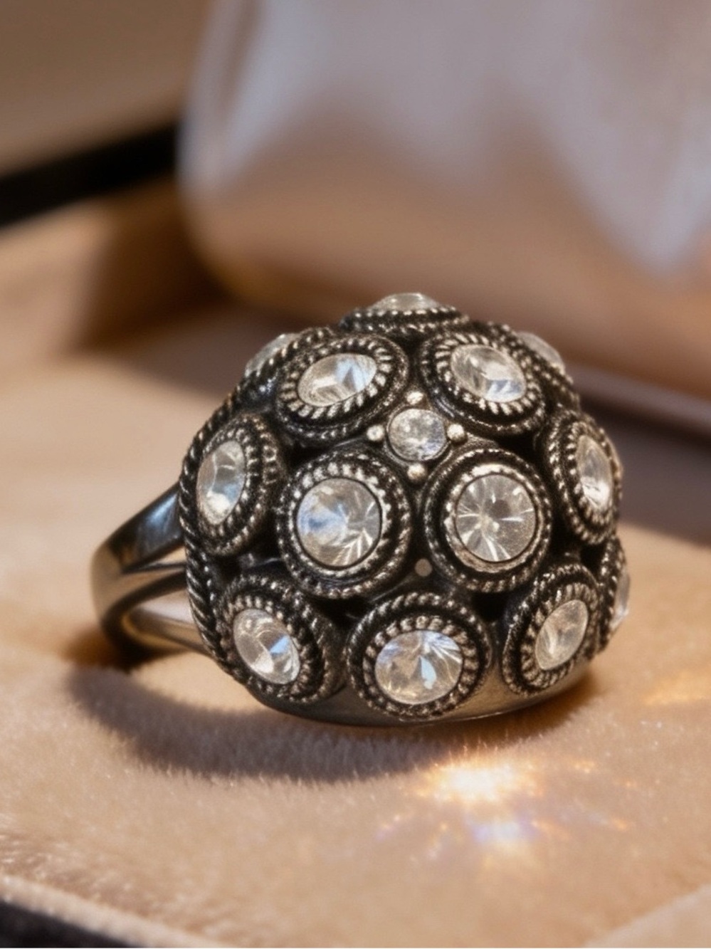 Retro Dome Cocktail Ring - Clear Crystal on Dark Metal-size 7 1/2